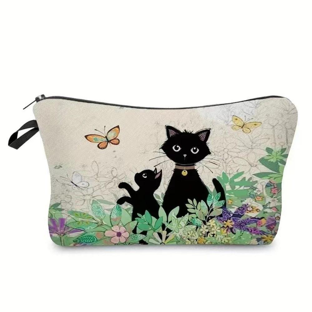 Cute Black Cat Print Cosmetic Bag Large Capacity Polyester Makeup Organizer Portable with Zipper Tarvel Storage Bag