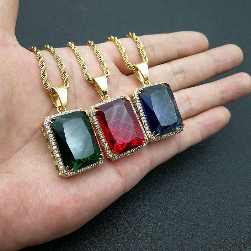 Vintage Hiphop 316L Stainless Steel Jewelry Big Red Green Stone Necklaces Pendants Crystal Gold Color Necklace Gift