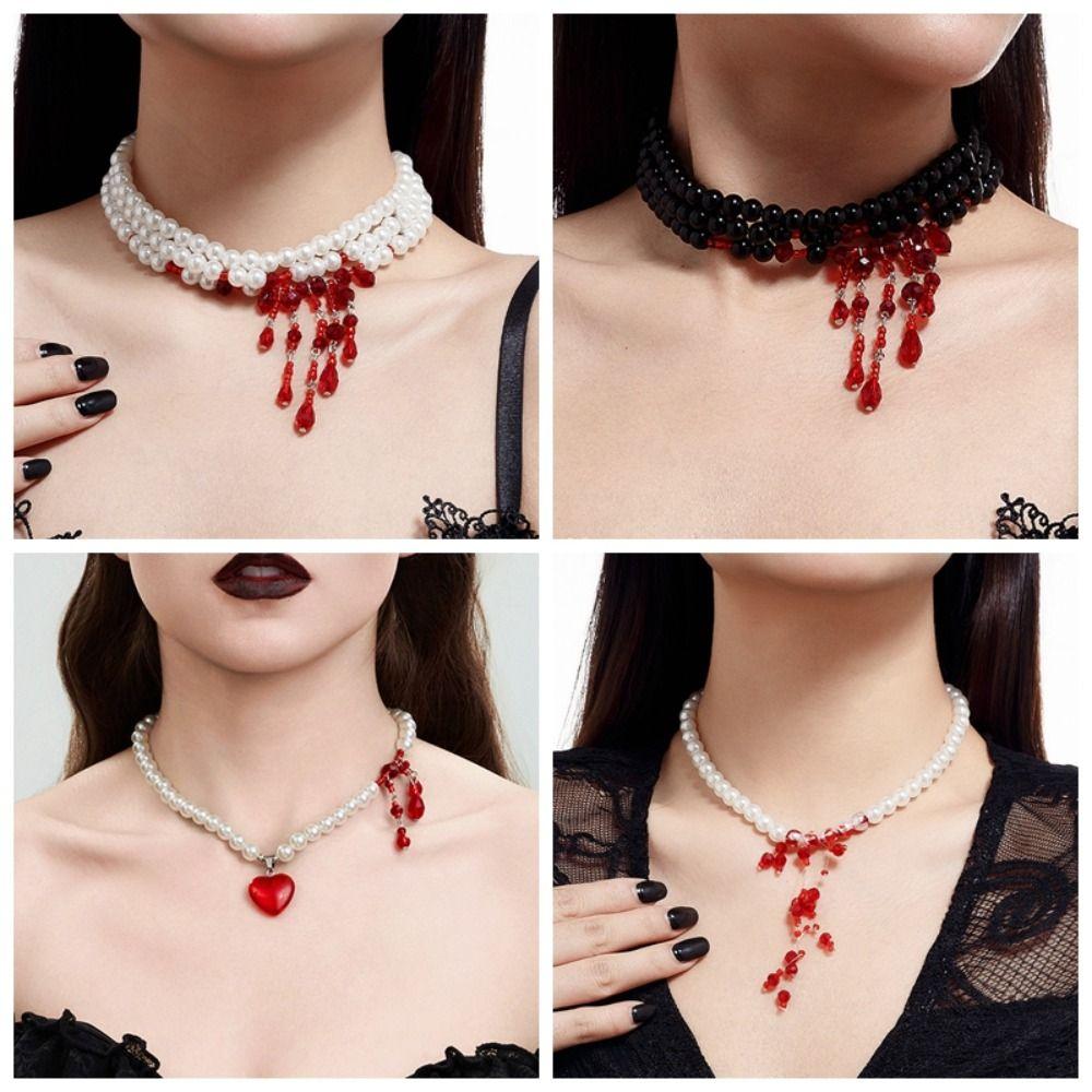 Multilayer Halloween Choker Imitation Crystal Beads Necklace Fashion Blood Drop Necklace Party