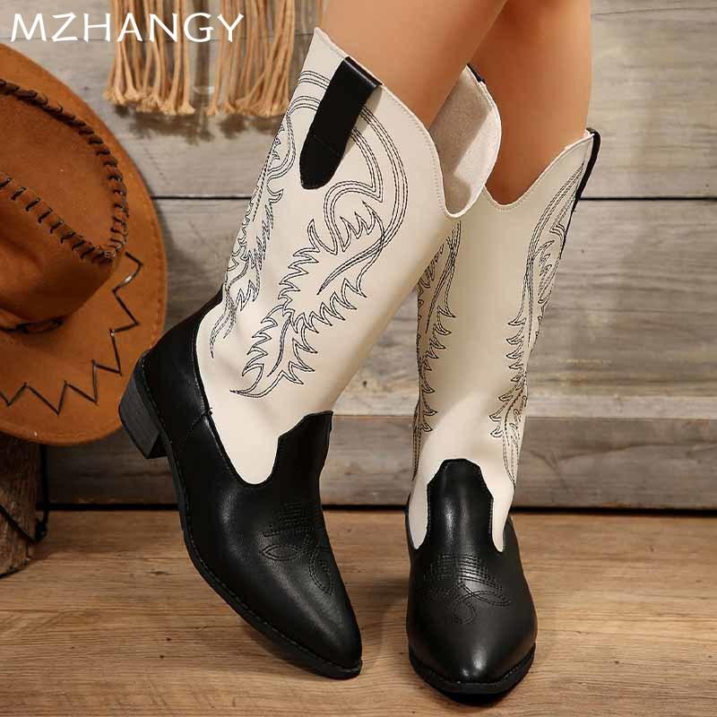 Остроносые массивные женские сапоги до середины голени, элегантные модные кожаные туфли на среднем каблуке, зимние новые брендовые туфли-лодочки для ходьбы Botas Mujer