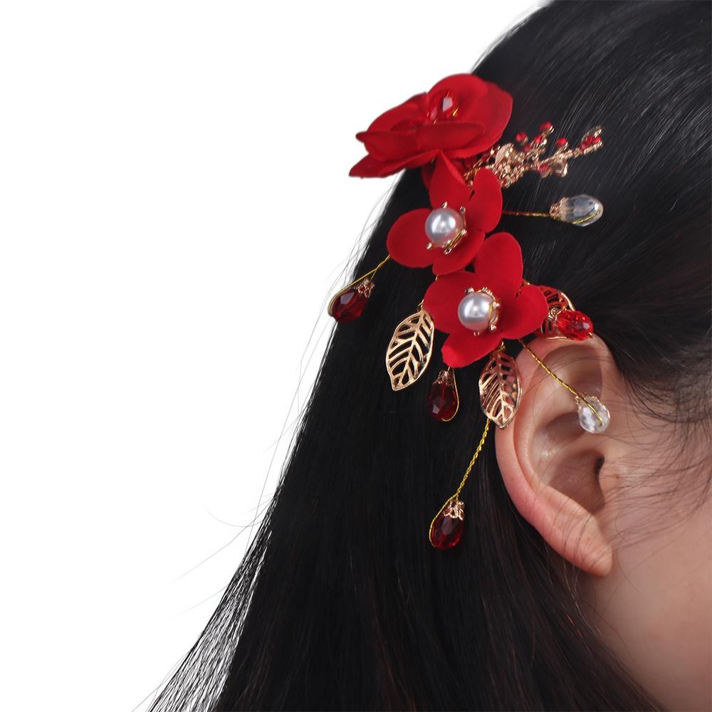 Bride Red Flower Pearl Chinese Hanfu Hair Clips Festival Hairpins Women Barrettes Duckbill Clips