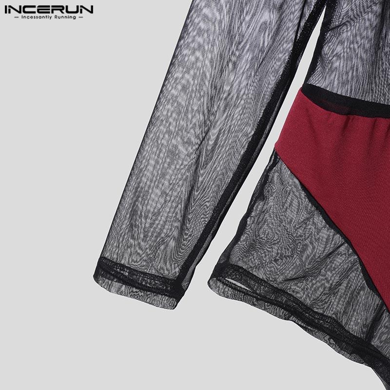 INCERUN Мужские комбинезоны с глубоким V-образным вырезом и сетчатым прозрачным узором в стиле пэчворк