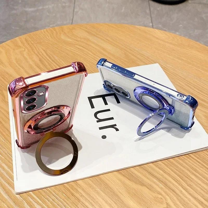 Suitable for Samsung S25Edge Mobile Phone Case Electroplated Magnetic Bracket S24Ultra Anti Fall Cover A55 Gradient Powder Soft