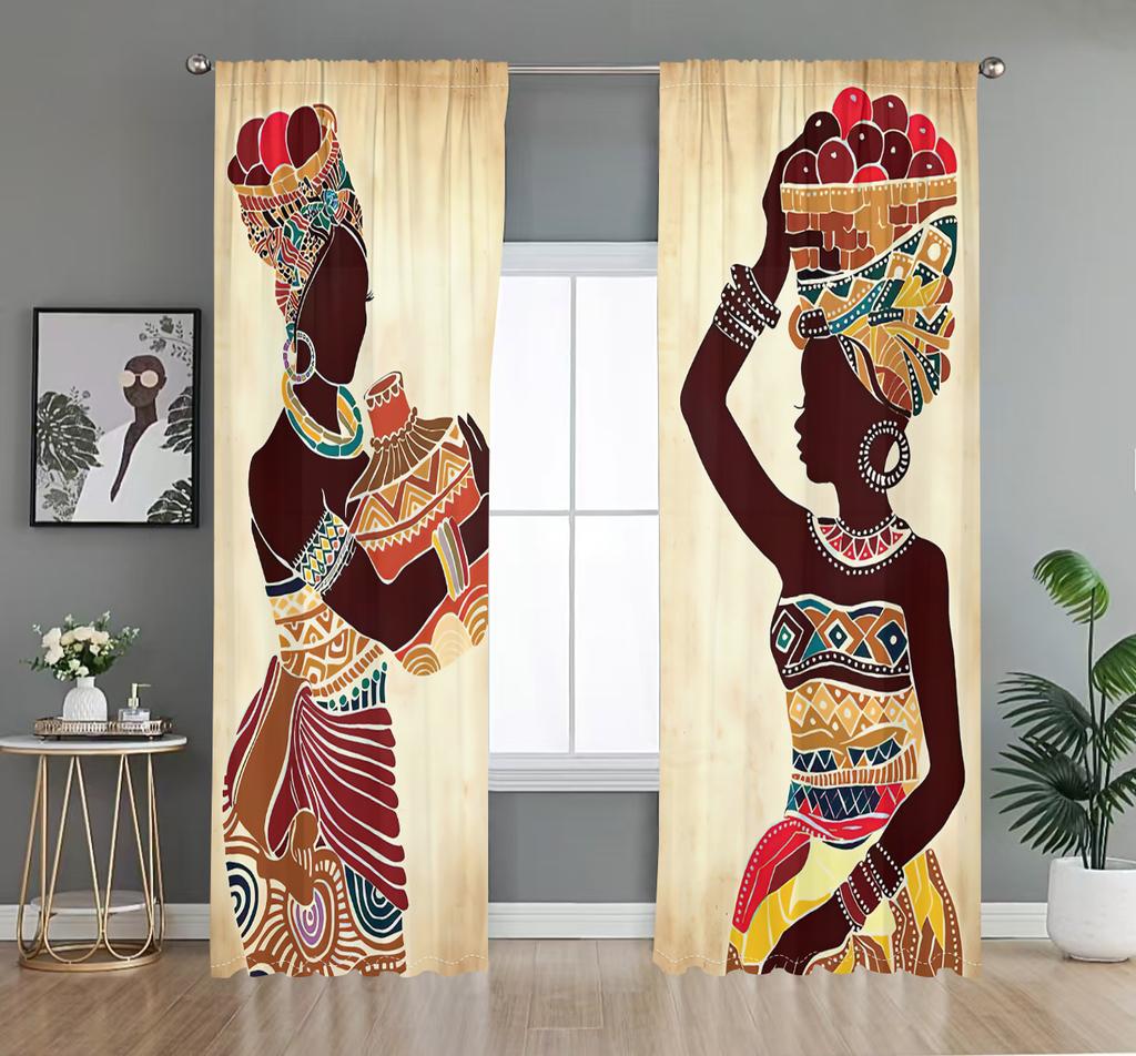 2PCS African Women Pattern Curtains Ethnic Colorful Print Bedroom Living Room Decor Art Culture Window Panels