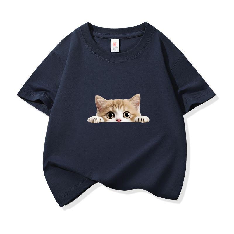 Kids Cotton T Shirt Peeking Orange Kitten Cat Print Crew Neck Short Sleeve Tee Casual Breathable Boys Girls Summer Tops