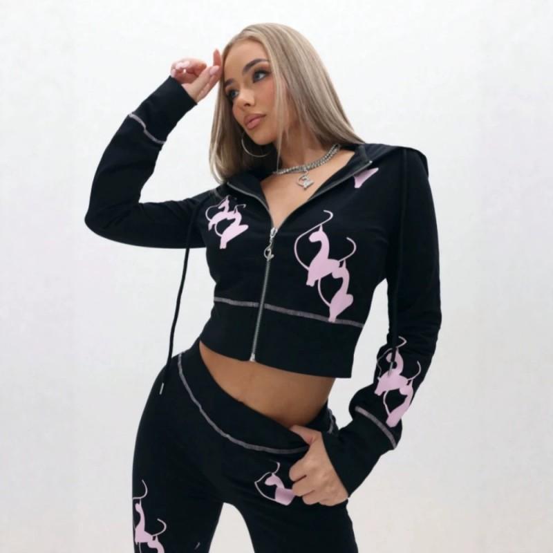 Womens 2 Piece Tracksuit Pink Cat Print Hooded Zip Up Sweatshirt Flared Pants Set Streetwear