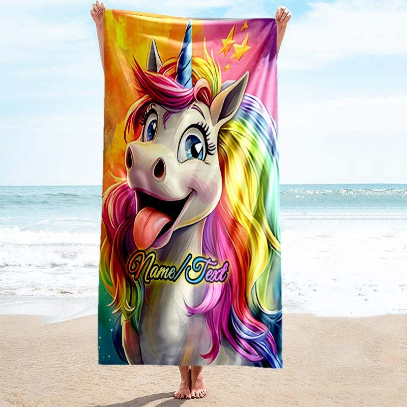 1PC Custom Name Rainbow Unicorn Fantasy Beach Towel Highly Absorbent And Sand-Resistant Towel for Swimming, Pool, Yoga, And Travel Lightweight