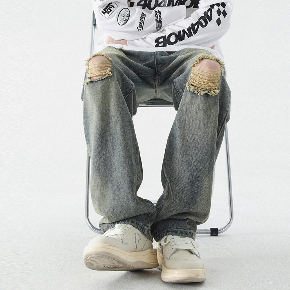 Мужские хлопковые весенние летние рваные джинсы повседневные брюки брюки винтажные широкие джинсовые брюки джинсы для мужчин модная одежда уличная одежда
