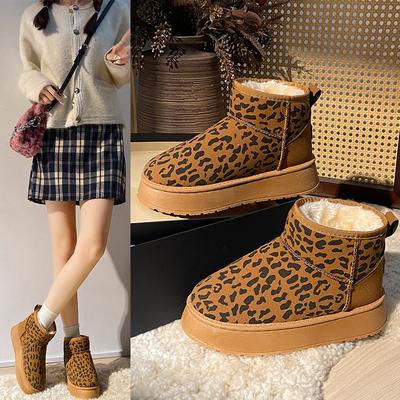 Женские зимние ботинки с леопардовым принтом на толстой подошве, сезонная женская обувь с толстым бархатом, нескользящая и теплая хлопковая обувь