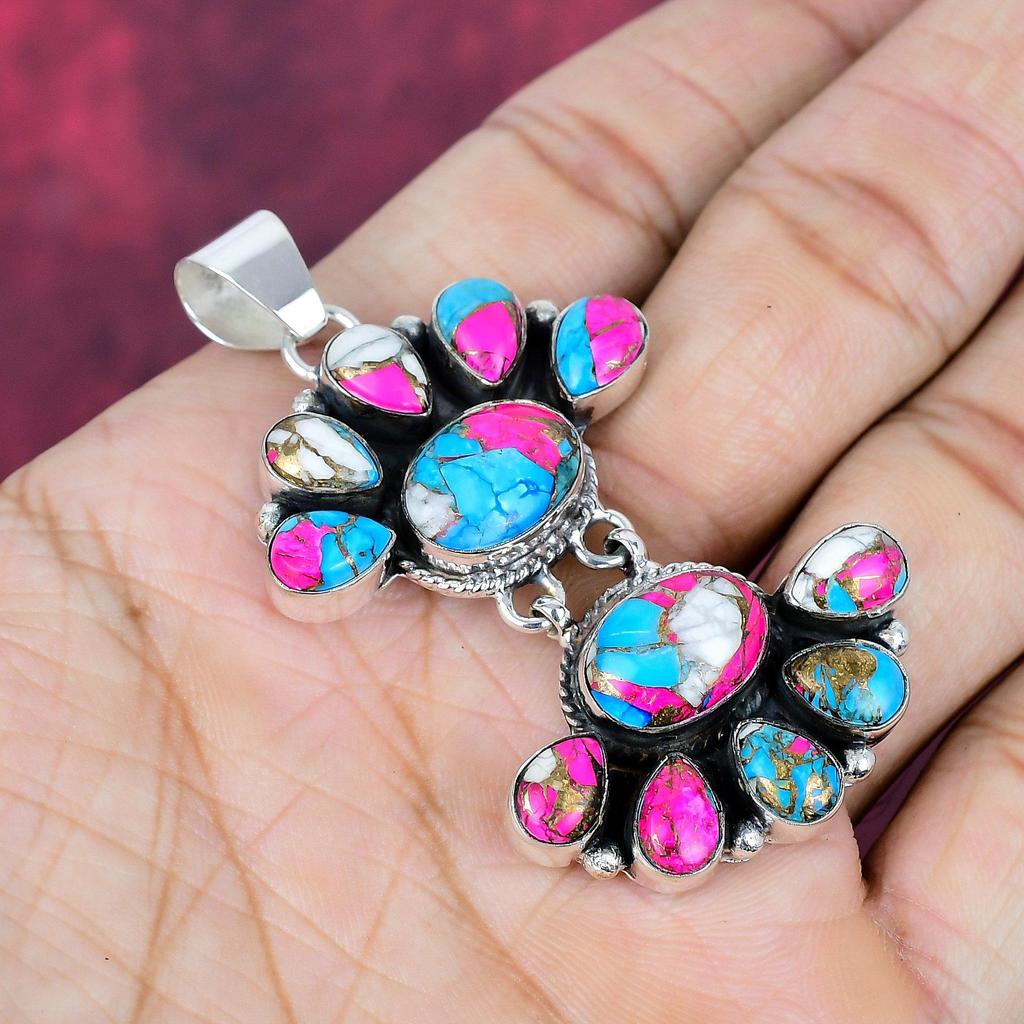 Cotton Candy Turquoise Handmade Gemstone Pendant, 925 Solid Sterling Silver Pendant Antique Jewelry, For Engagement Gift