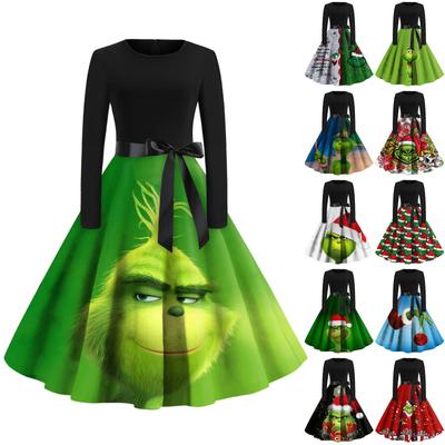 Женское модное повседневное платье с круглым вырезом и рождественским принтом и длинными рукавами