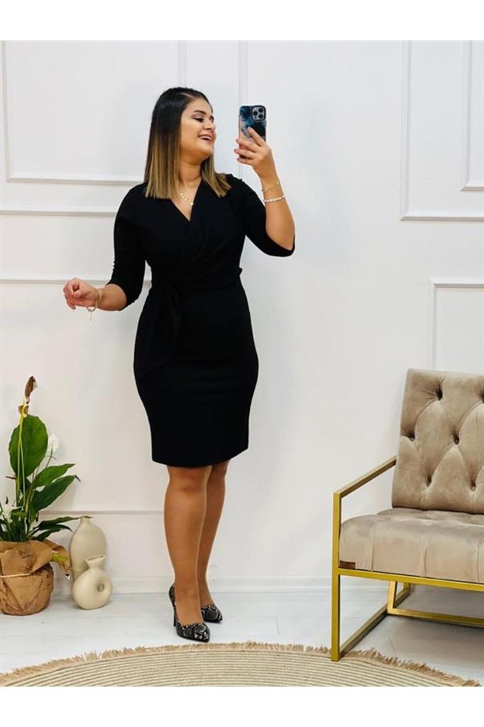 Женское платье большого размера, платье из лайкры и крепа выше колена, черное