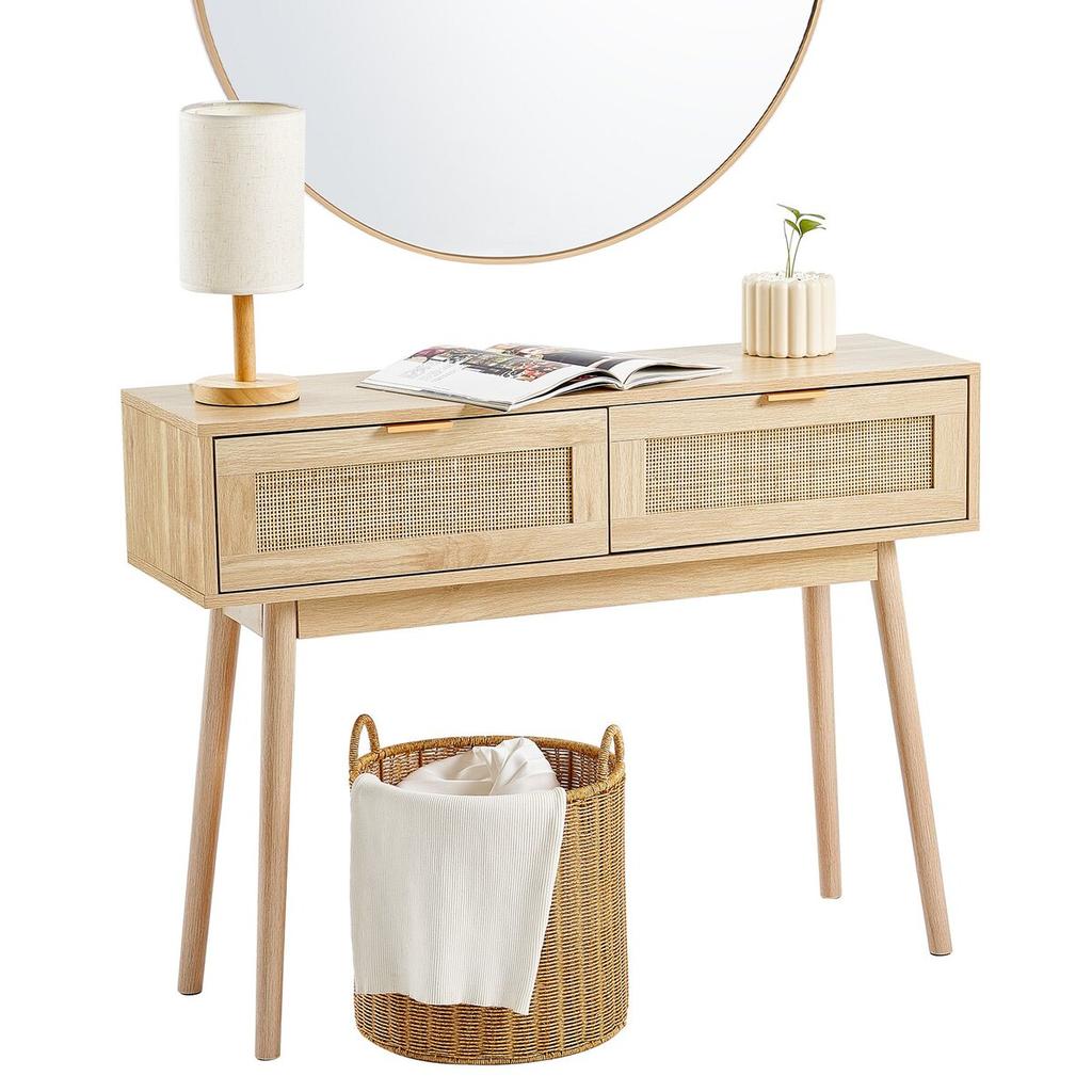 Rattan Console Table with 2 Storage Drawers Rattan Sliding Door Natural