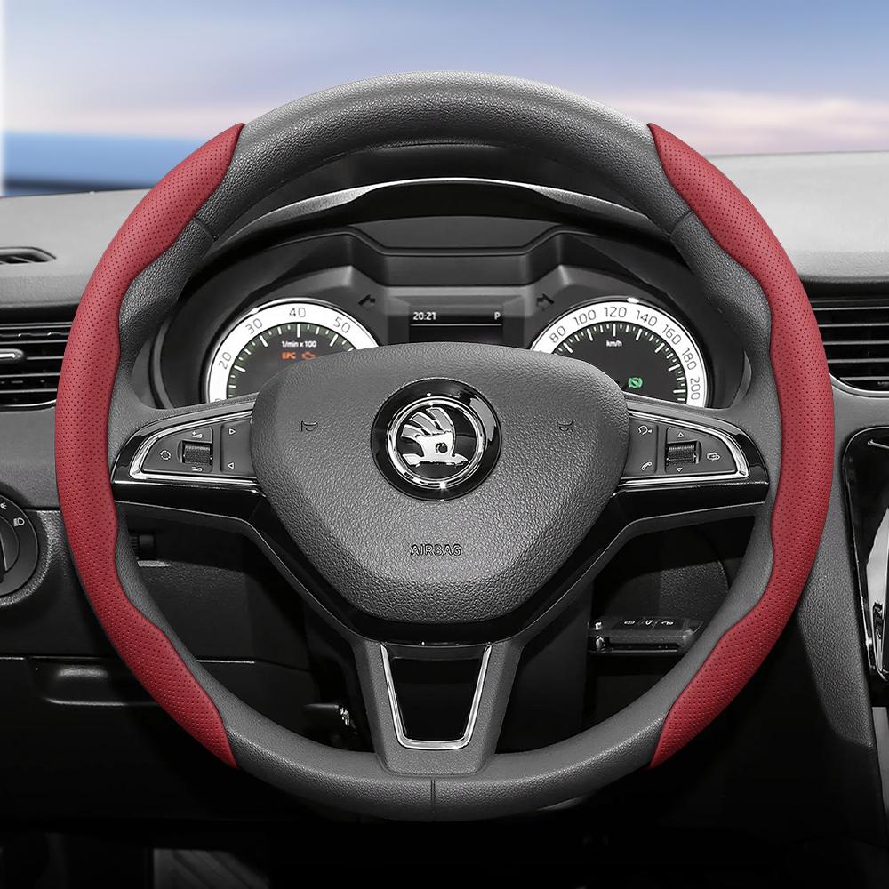 WFM1 Подходит для Skoda Дышащий кожаный чехол на руль с сегментированным дизайном и быстрой фиксацией, нескользящий и прочный, Octavia Rapid Kodiaq