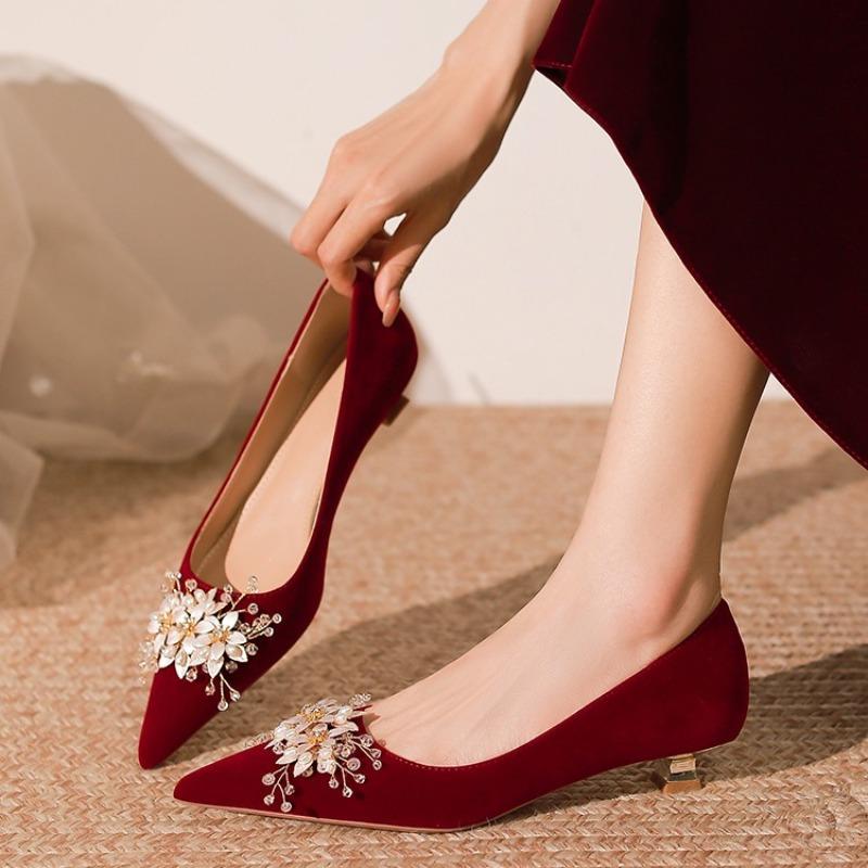 Fashion Stylish New Pointed Toe Shallow Suede Flower Slip-on Non-slip Wear-resistant Low-heel Wedding Shoes