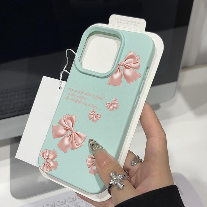 Pink Bowknot Print Soft Matte Case For iPhone 16 Pro Max 15 Pro 14 13 12 11 Solid Color Shockproof TPU Leather Texture Slim Phone Cover