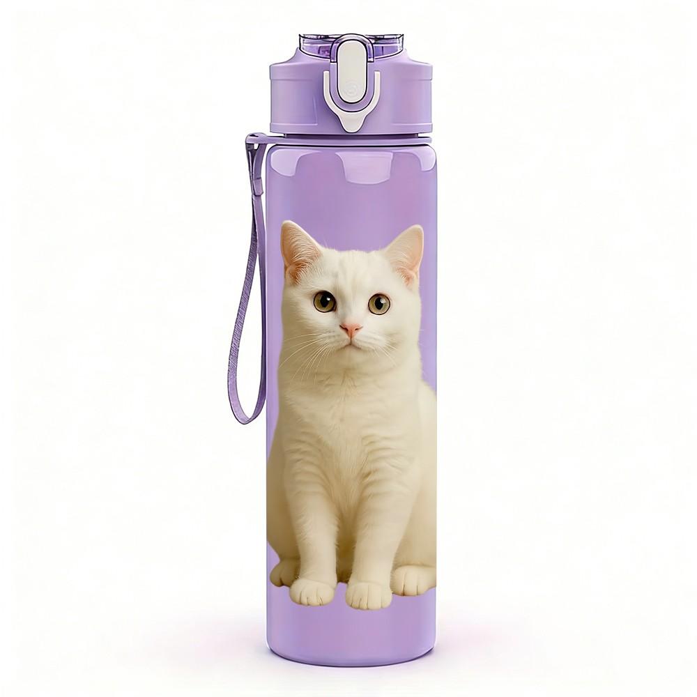 1PC White Domestic Cat Portrait Print 750ml Color Plastic Sports Water Bottle Leakproof Flip Straw Lid Suitable for Sports Office Home Use