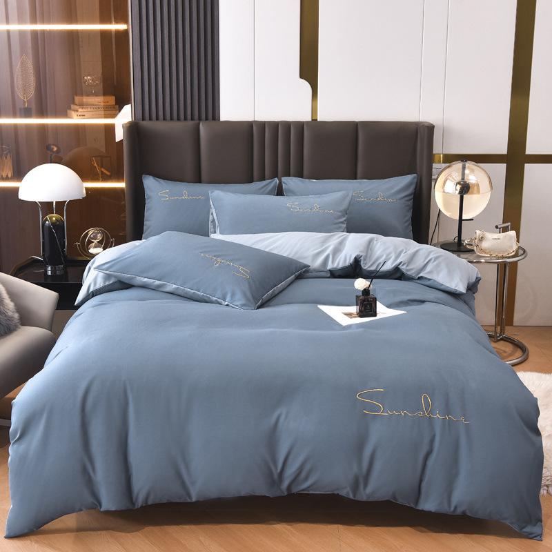 Solid Color Embroidery Simple Grinding Four-piece Set European Solid Color Embroidery Quilt Cover Bed Sheet Bedding