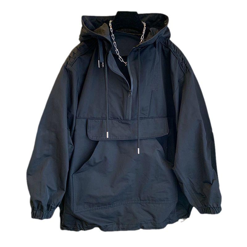 Men's Trendy Hooded Windbreaker Jacket with Pocket and Stitching Design - Lightweight and Stylish for Sun Protection