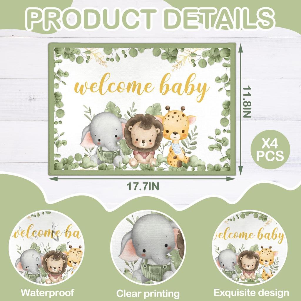Eucalyptus Leaves Placemats Set of 4, Welcome Baby Waterproof Linen Placemats, Baby Shower Party Supplies, Table Mats for Indoor or Outdoor Dining