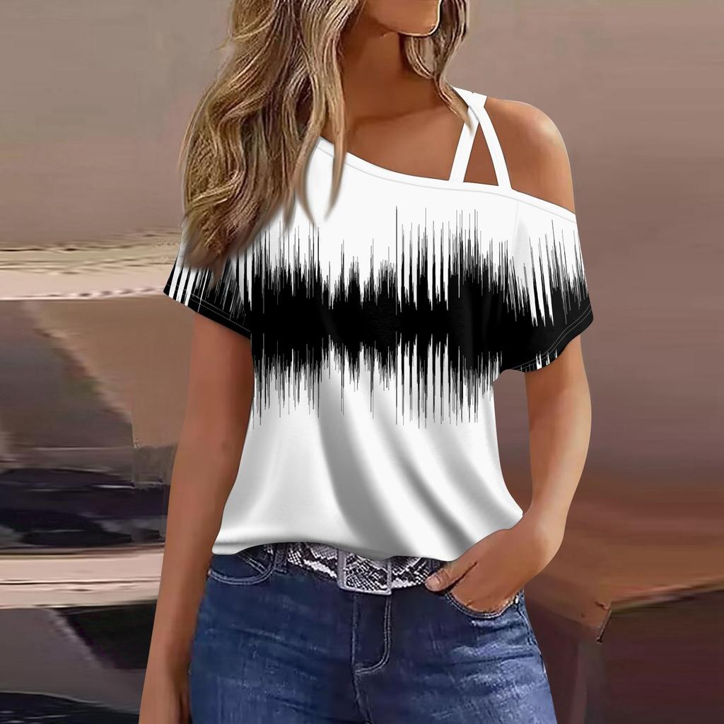 Women's Fashion Casual Print Sexy Cold Shoulder Short Sleeve T-shirt Top