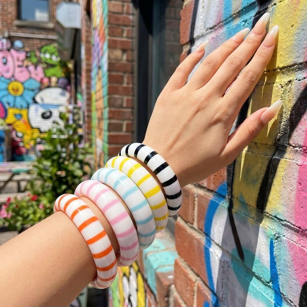 Wristband Acrylic Bracelets Resin Curved Tube Bangle Vintage Stripe Bangle Women