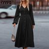 Women's Fashion Spring Fall Solid Color Print Long Sleeve V-Neck High Waist Casual Dresses