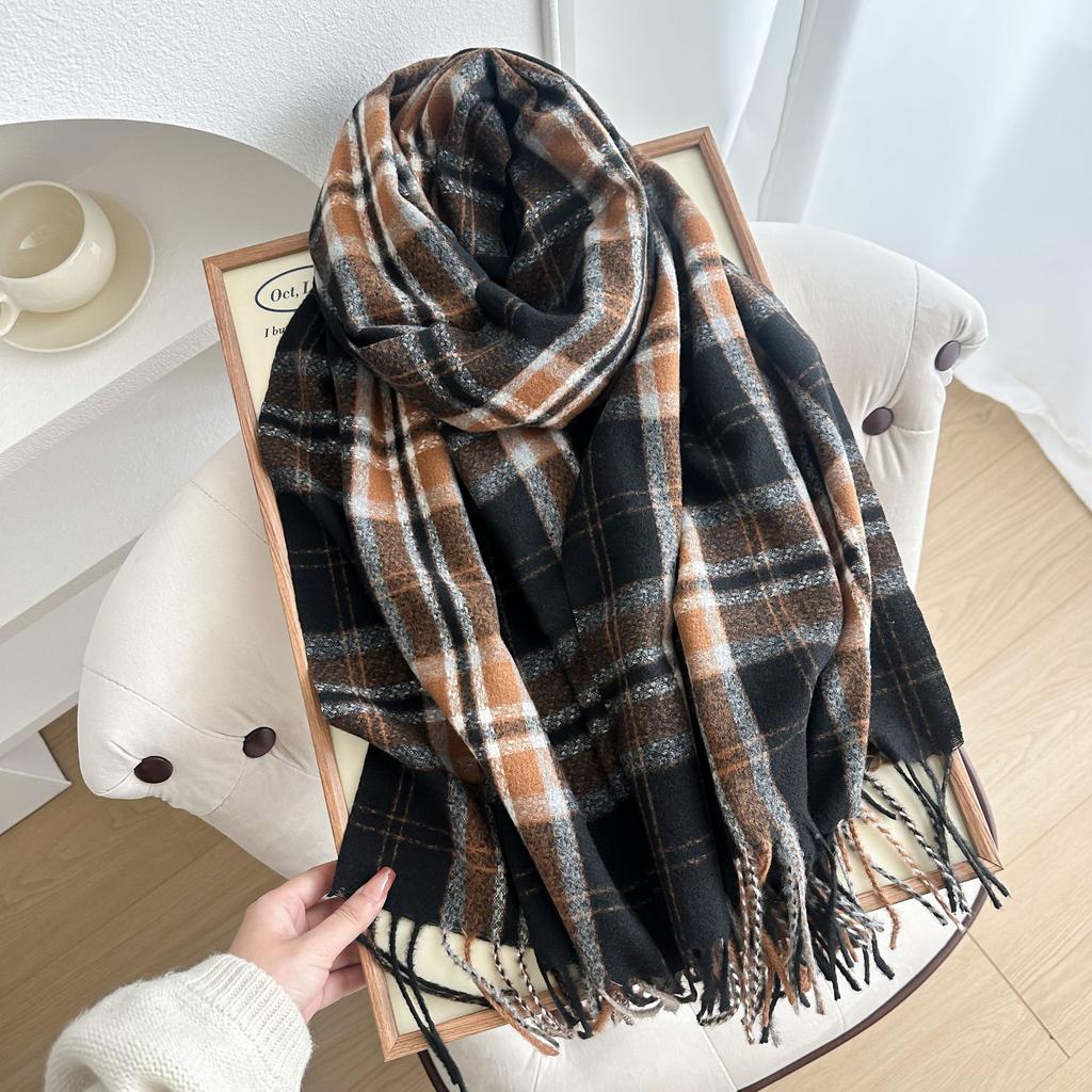 Korean Style Plaid Scarf for Women Winter Pinstripe Student Warm Thickened Imitation Cashmere Long Shawl Scarf