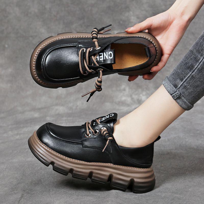 Женские лоферы из натуральной мягкой кожи, британский стиль 2025 - Весна/Осень, Толстая подошва, На шнуровке, Универсальная, Удобная обувь