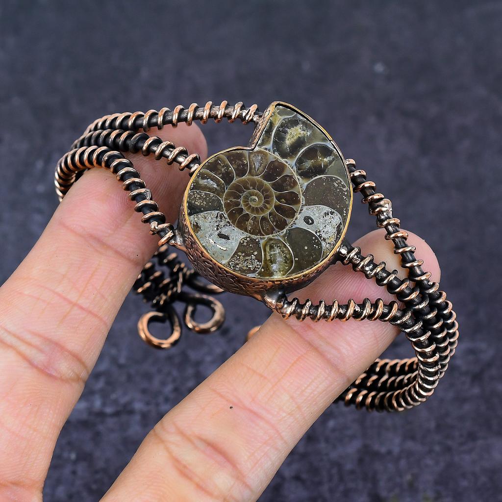 Natural Ammonite Fossil Gemstone Copper Wire Wrap Cuff Bangle Adjustable f7Q36