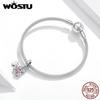 WOSTU Real 925 Sterling Silver Dog Paw Footprint Bead Pink Zircon Bone Charm Fit Original Bracelet Pendant Jewelry