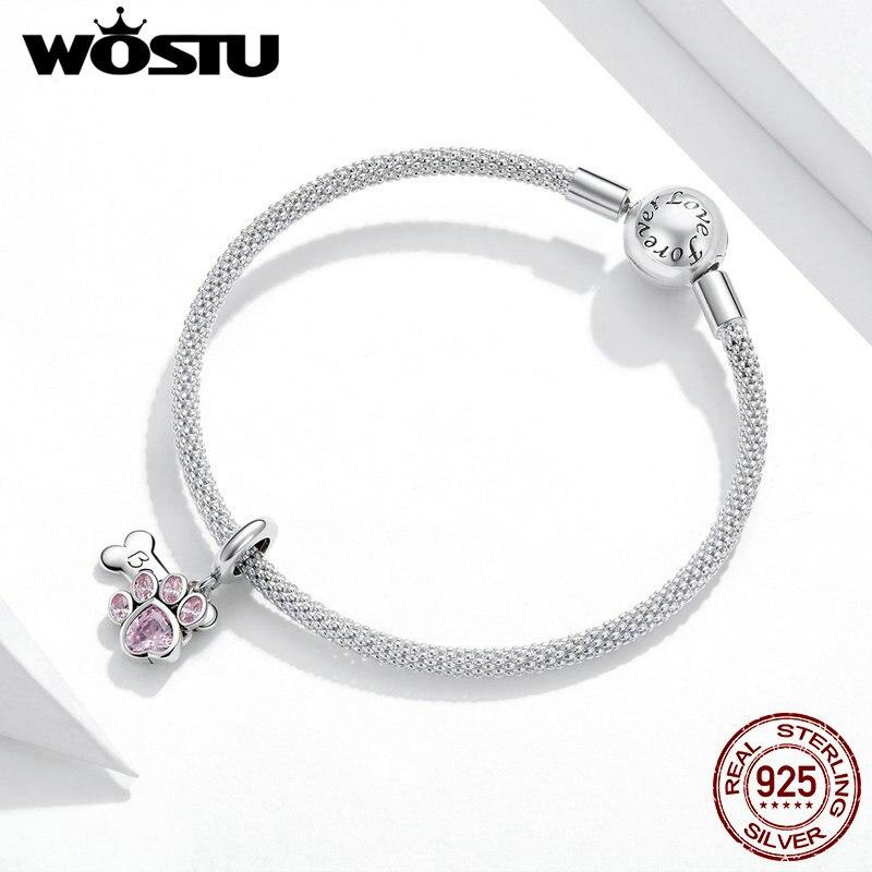 WOSTU Real 925 Sterling Silver Dog Paw Footprint Bead Pink Zircon Bone Charm Fit Original Bracelet Pendant Jewelry