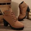 Plus Size Booties Women's 2025 Versatile Round Toe Lace-Up Side Zip Platform Heeled Single