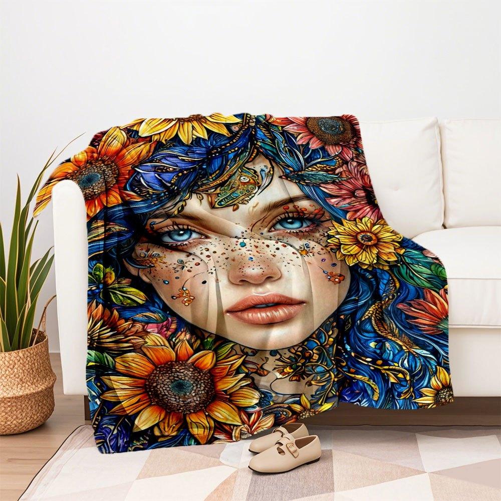 "Bohemian Floral Fantasy Women's Dress"Blanket Flannel Throw Blanket for Sofa, Bed, Travel, Camping, Office, Couch, Chair, And Bed Gift for