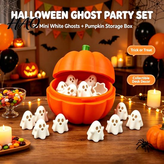 Pumpkin Storage Organizer Halloween Box with 20 Mini Ghosts, for Candy & Treat, Container Lid Trick or Treat Holiday Party Ghost Figurines