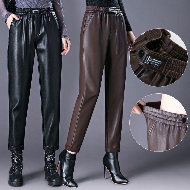 Плотные кожаные брюки с высокой талией и размером 9 дюймов плюс, новый зимний стиль, свободные повседневные брюки Haren