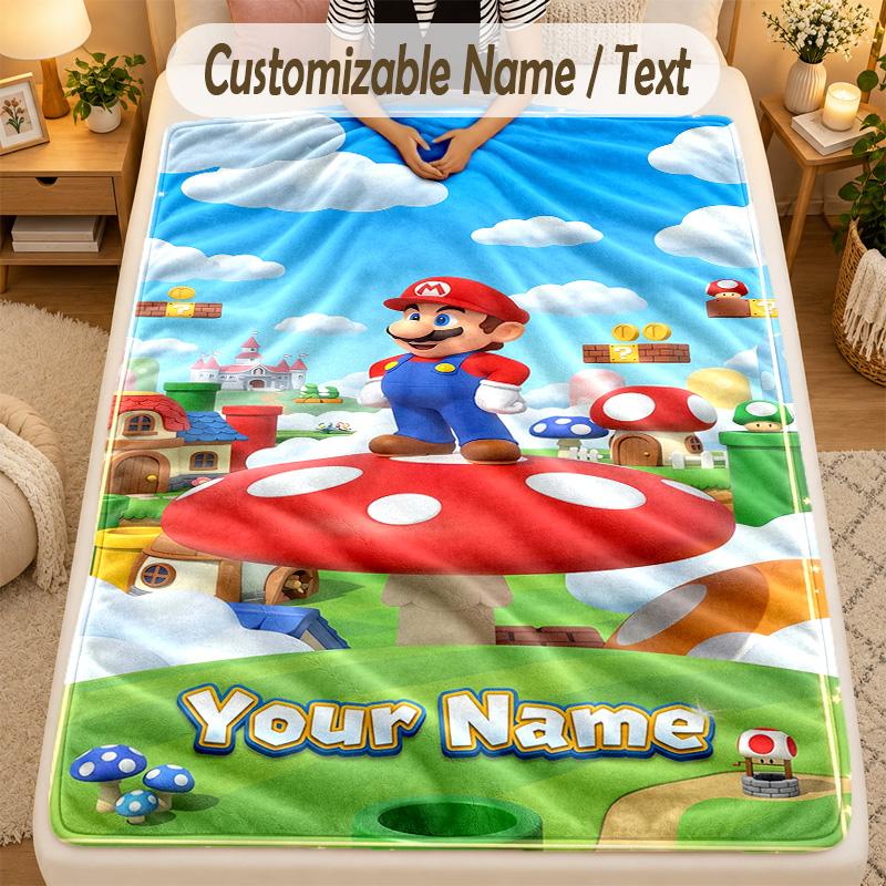 Flannel BlanketSuper Mario Custom Name Text Personalized Soft Warm Throw Blanket Home Decor Gift