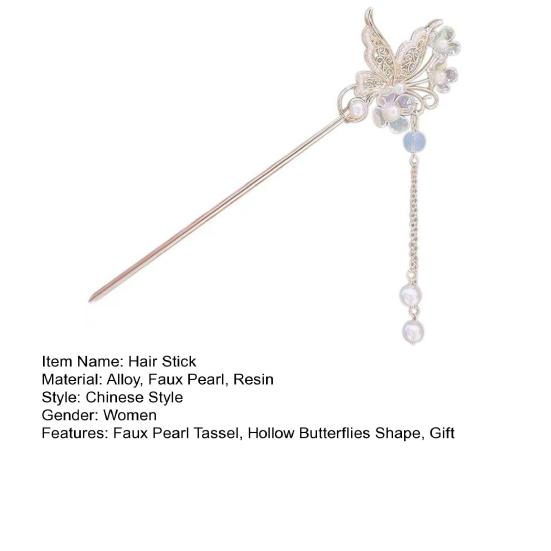 Chinese Style Faux Pearl Tassel Hair Stick Hollow Butterflies Shape Elegant Lady Back Head Hair Chopstick Headdress Hair Accessories