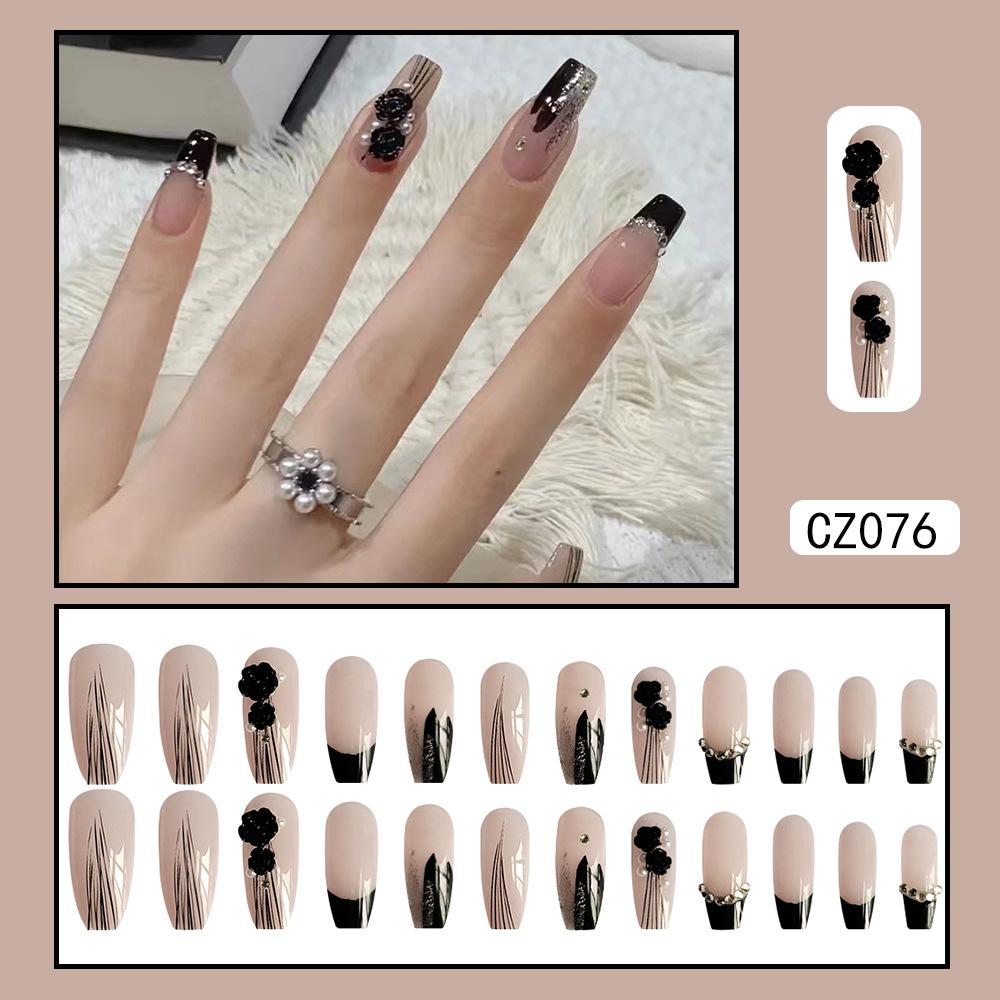 24 шт. средних накладных ногтей квадратные 3D камелия черный галстук-бабочка дизайн ногтей французский