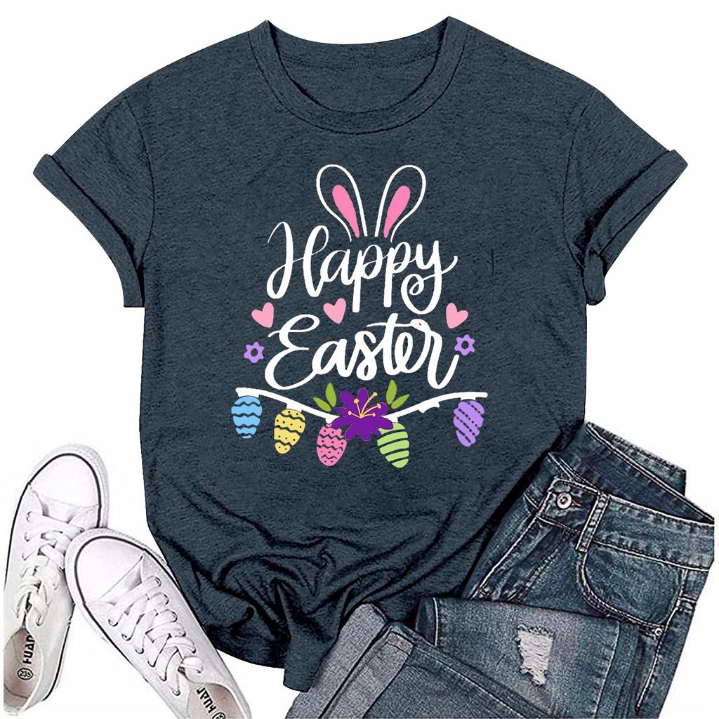 Женская модная пасхальная принтованная повседневная плиссированная круглая футболка с коротким рукавом