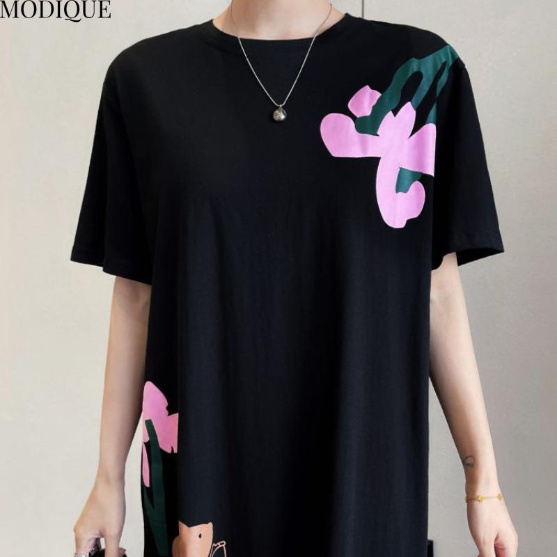 MODIQUE Summer Plus Size New Women Vintage Loose T-Shirt Floral Printing Pleated Patchwork Long Dresses Female Casual Short Sleeve O-Neck Dresses