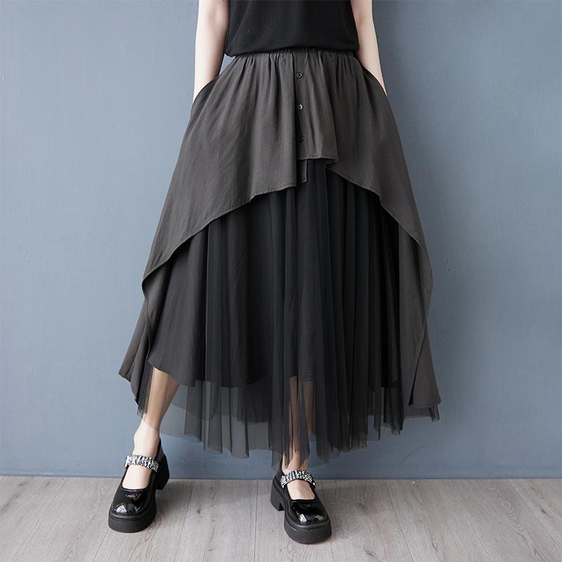 DIMANAF 2025 Весна Лето Плюс Размер Женские Новые Юбки Винтажные Эластичные Кружевные Асимметричные Юбки Свободные Высокая Талия