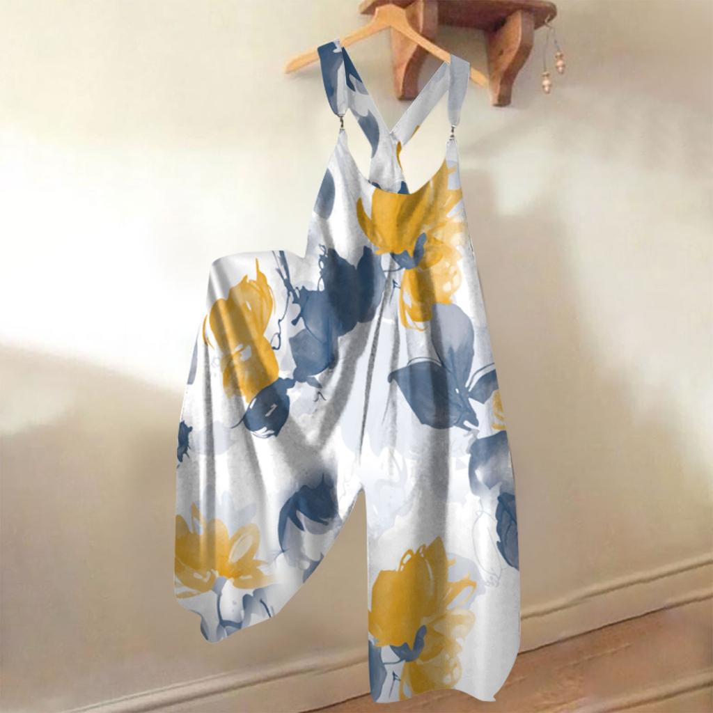 Широкие комбинезоны для женщин, повседневные свободные комбинезоны без рукавов, ретро-принт, металлические пуговицы, длинные брюки, комбинезон с карманами