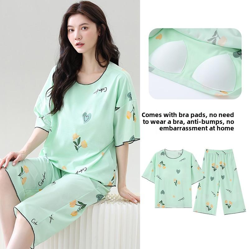 Летний пижамный комплект с нагрудником для женщин больших размеров 4XL 5XL с цветочным принтом, топы с короткими рукавами и брюки-капри, женская повседневная пижама, домашняя одежда