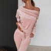 Ladies Sweatshirt Pants 2-piece Set Asymmetrical Strapless Velvet Sportswear Casual Wear Autumn and Winter S-5XL
