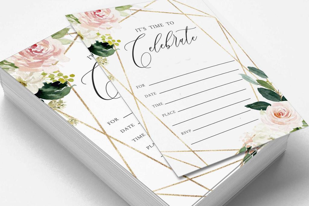 Inkdotpot Набор из 30 штук, Время праздновать, Приглашения с конвертами, Геометрические румяна, Цветочные, Зелень, Акварельные приглашения на вашу свадьбу