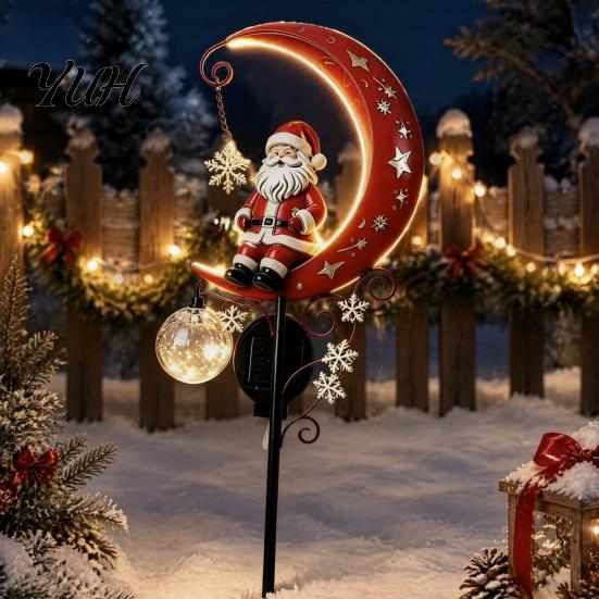 Solar Powered Christmas Decor 31 Inch Solar-Powered Garden Stake Light, Santa Claus on A Moon LED Pathway Retro Style Art Light with Snowflake Charm,