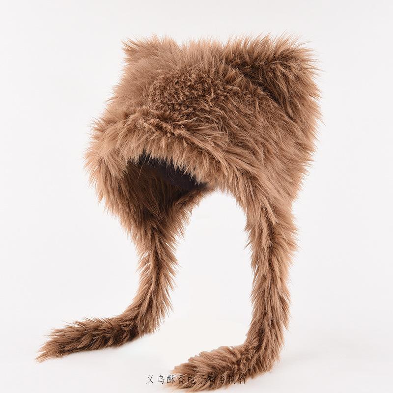 Плюшевая милая шапка-ушанка из шерсти, женская осенне-зимняя теплая вязаная шапка с кошачьими ушками из искусственной норки, шапка с завязками