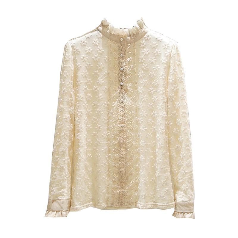 Women's Fleece-Lined Lace Top with Stand-Up Collar - Autumn/Winter Embroidered Mesh Long Sleeve Slim Fit Shirt