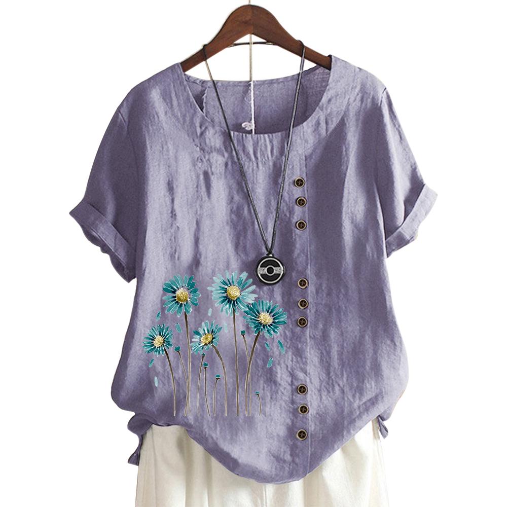 Trendy Ladies' Short Sleeve Top with 11 Colorful Floral Patterns and Round Neck